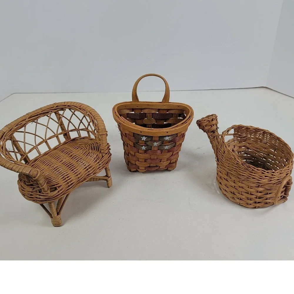 Vintage Miniature Wicker Basket Set 3pc Loveseat Star Wall Basket Watering Can